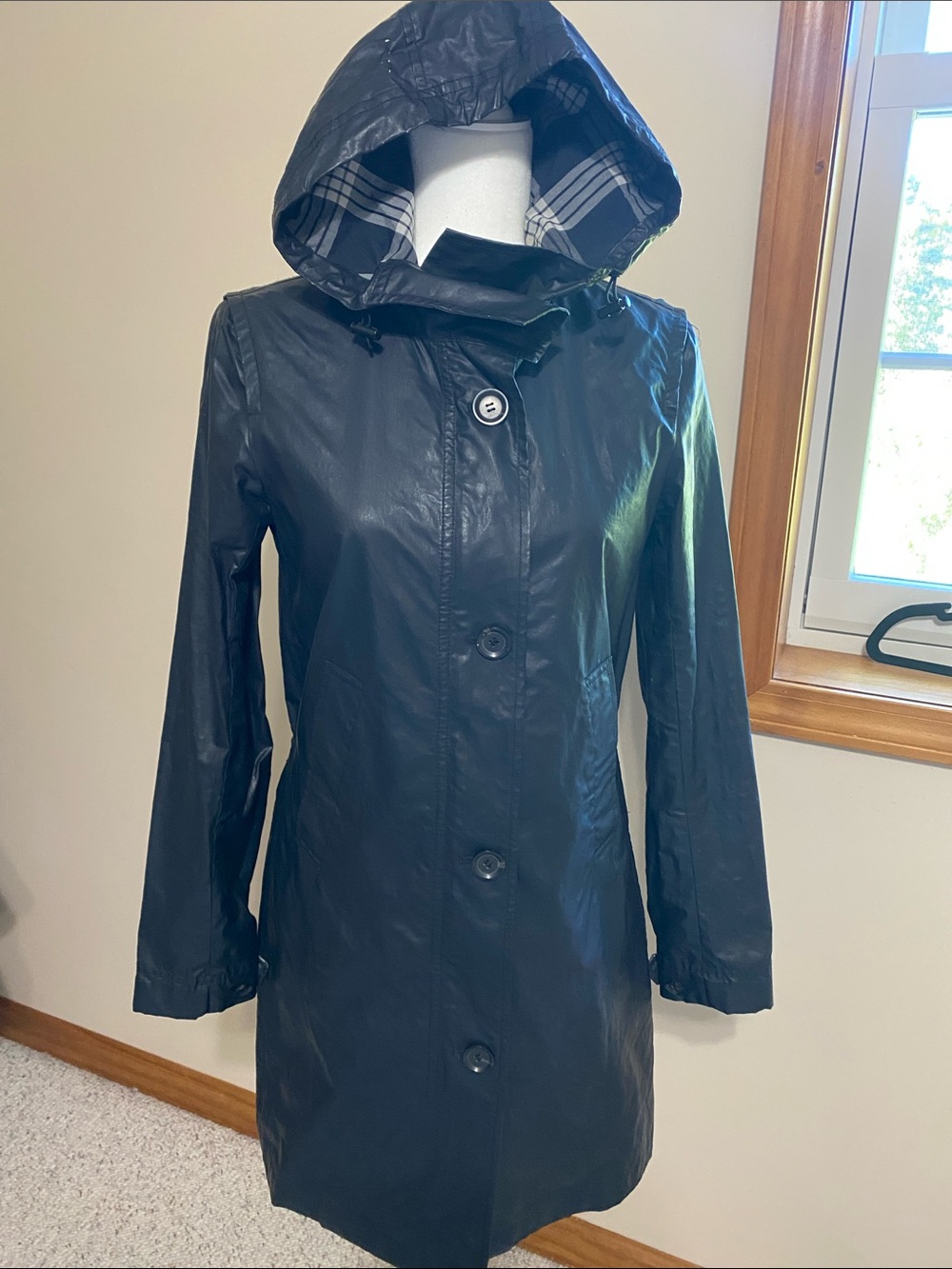 Theory Black Hooded Trench with Plaid Lining